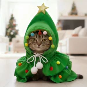 cat christmas tree costume, cat christmas hooded coat, cat christmas hooded cloak,