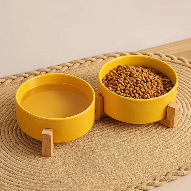 Two-In-One Ceramic Pet Bowl with Wooden Stand